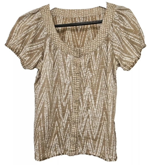 George Tan White Print Button Up Size M 8-10 Cotton Short Sleeve Pleats Preowned - Picture 3 of 8